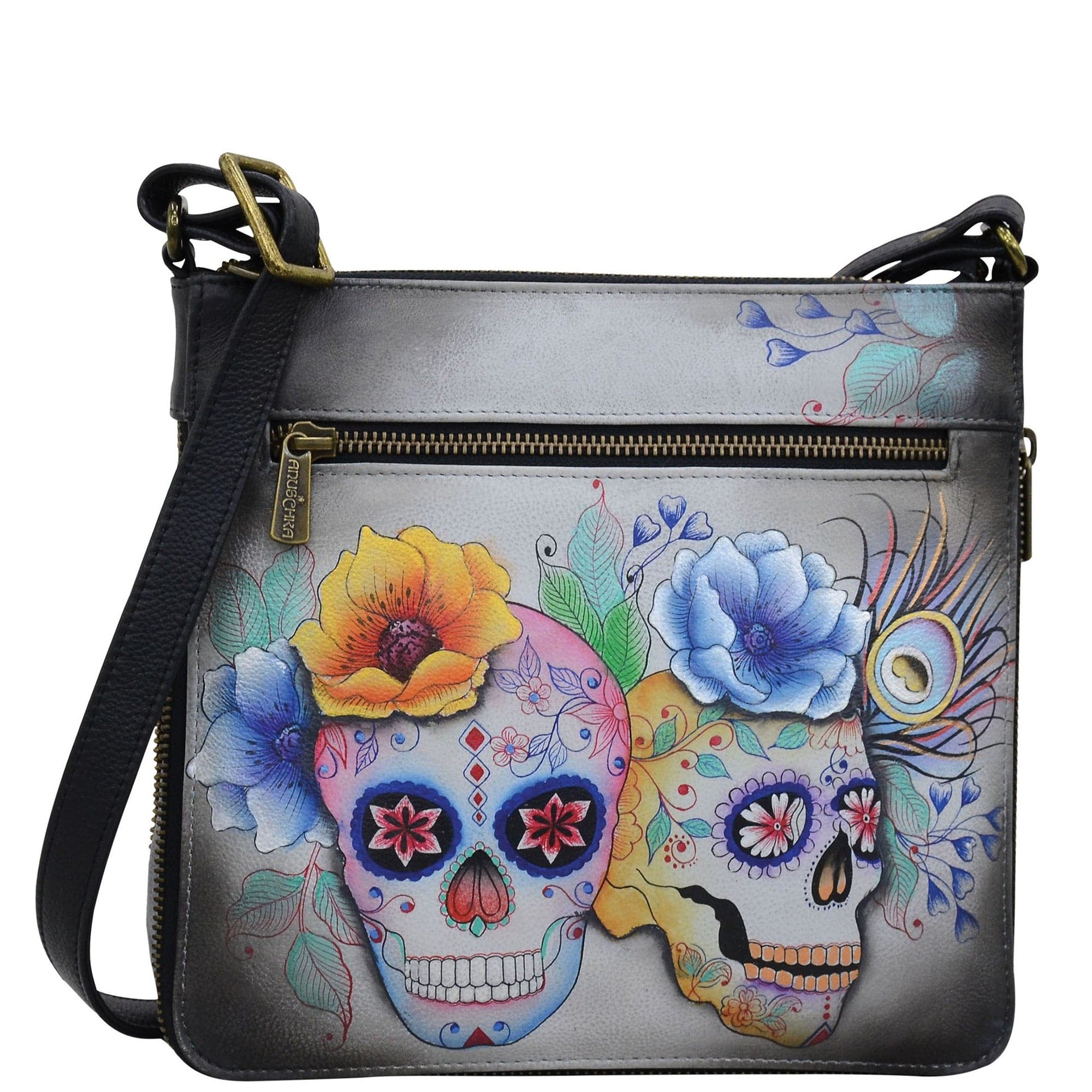 ANUSCHKA SUGAR SKULLS HAND PAINTED LEATHER 2024 ORGANIZER MULTI-COMPARTMENT PURSE