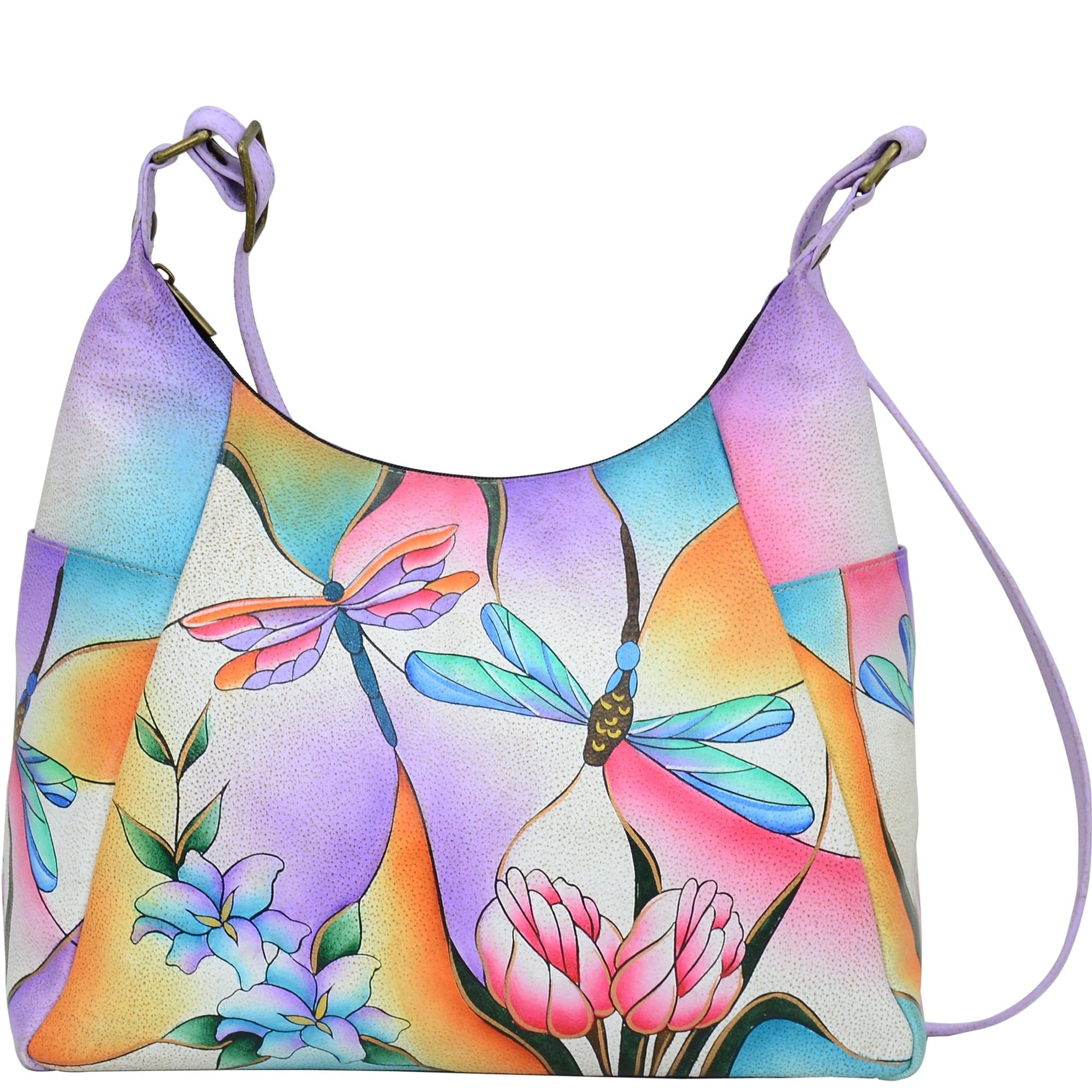 Anna by Anuschka Large Leather cheapest Muli-Pocket Hobo Hand Painted Flower Hummingbird