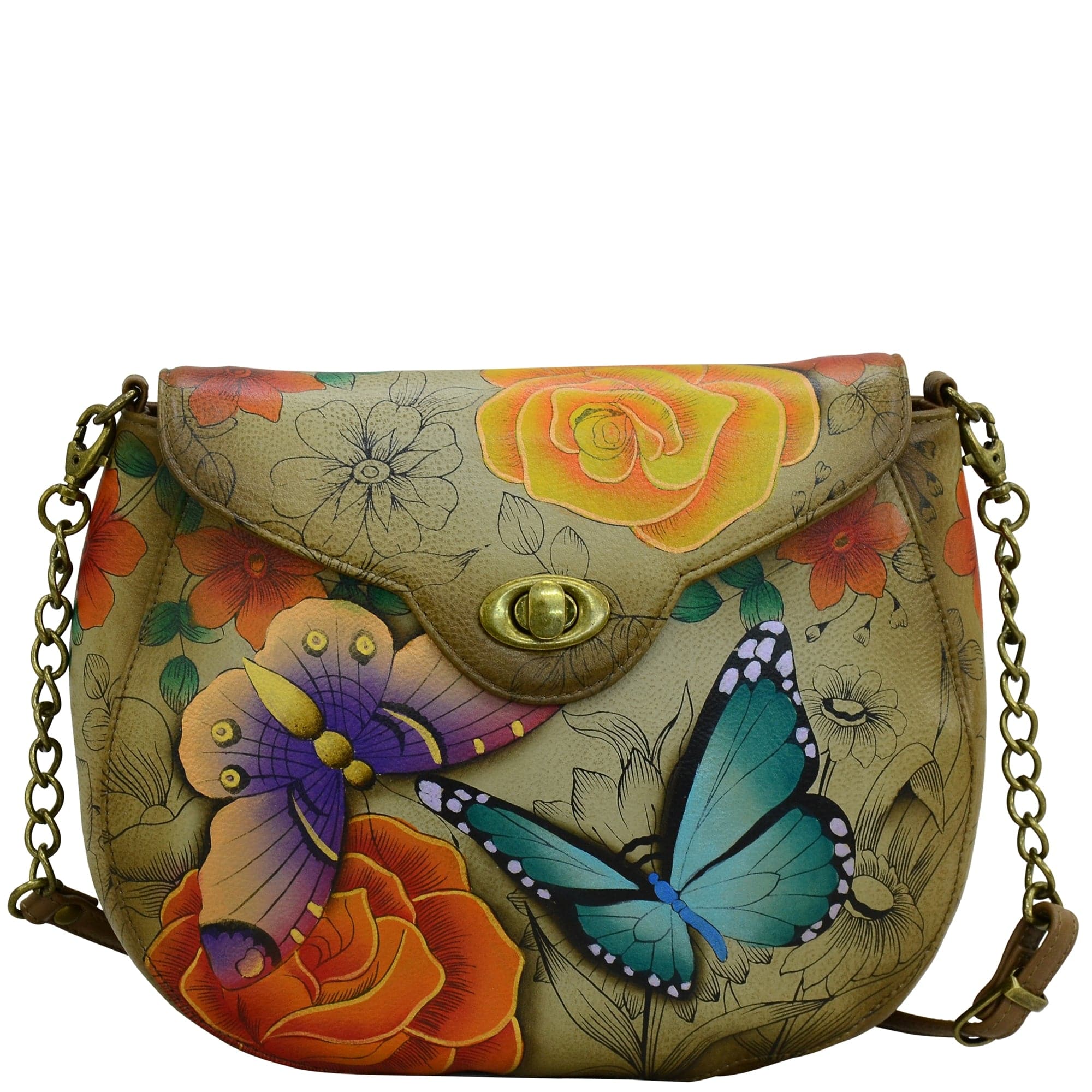 Women s Anna by Anuschka Hand Painted Leather Sling Flap Shoulder Bag 8391 Floral Paradise Tan Osfa Size One Size