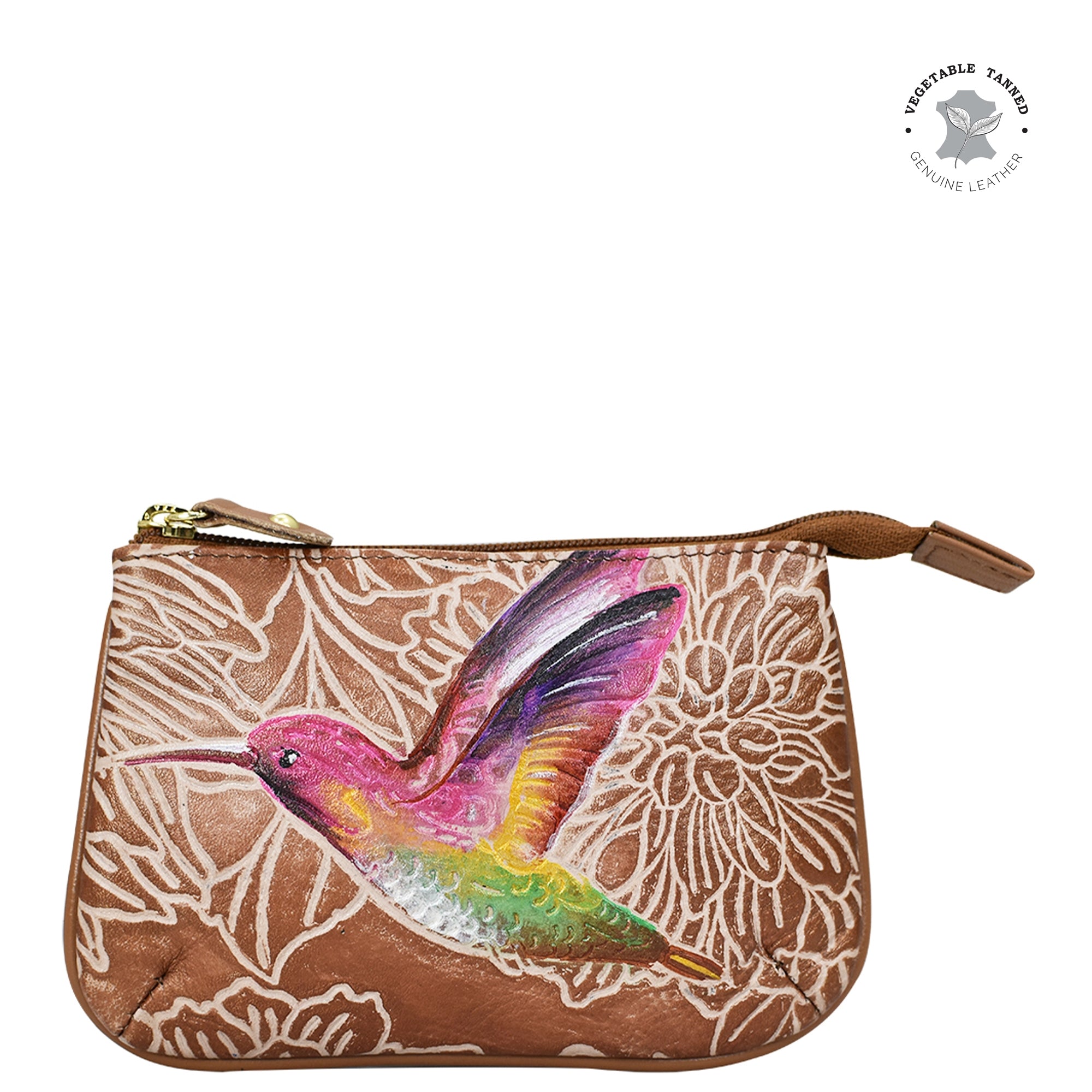 Tooled Bird Tan Medium Zip Pouch - 1107