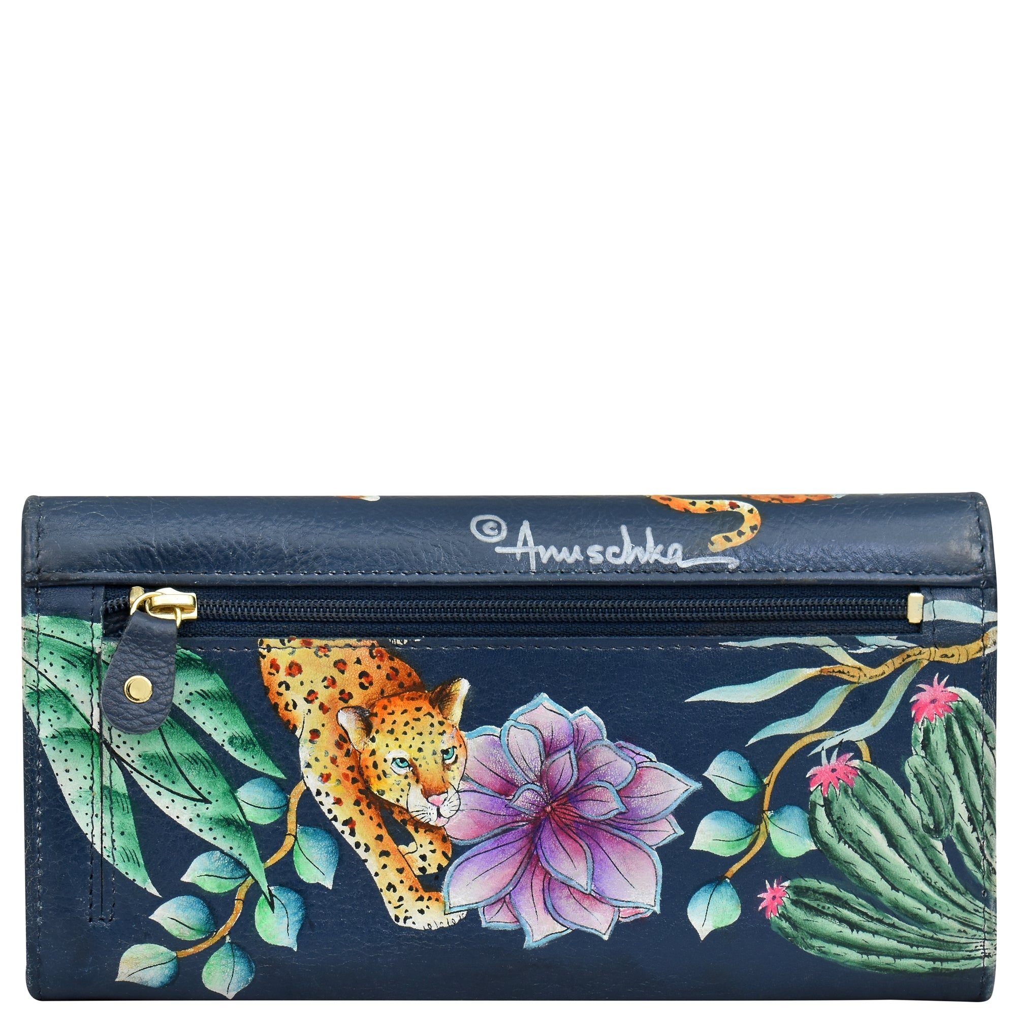 Anuschka Hand-Painted Leather hot Trifold Organizer Wallet Moonlight Meadow NIB