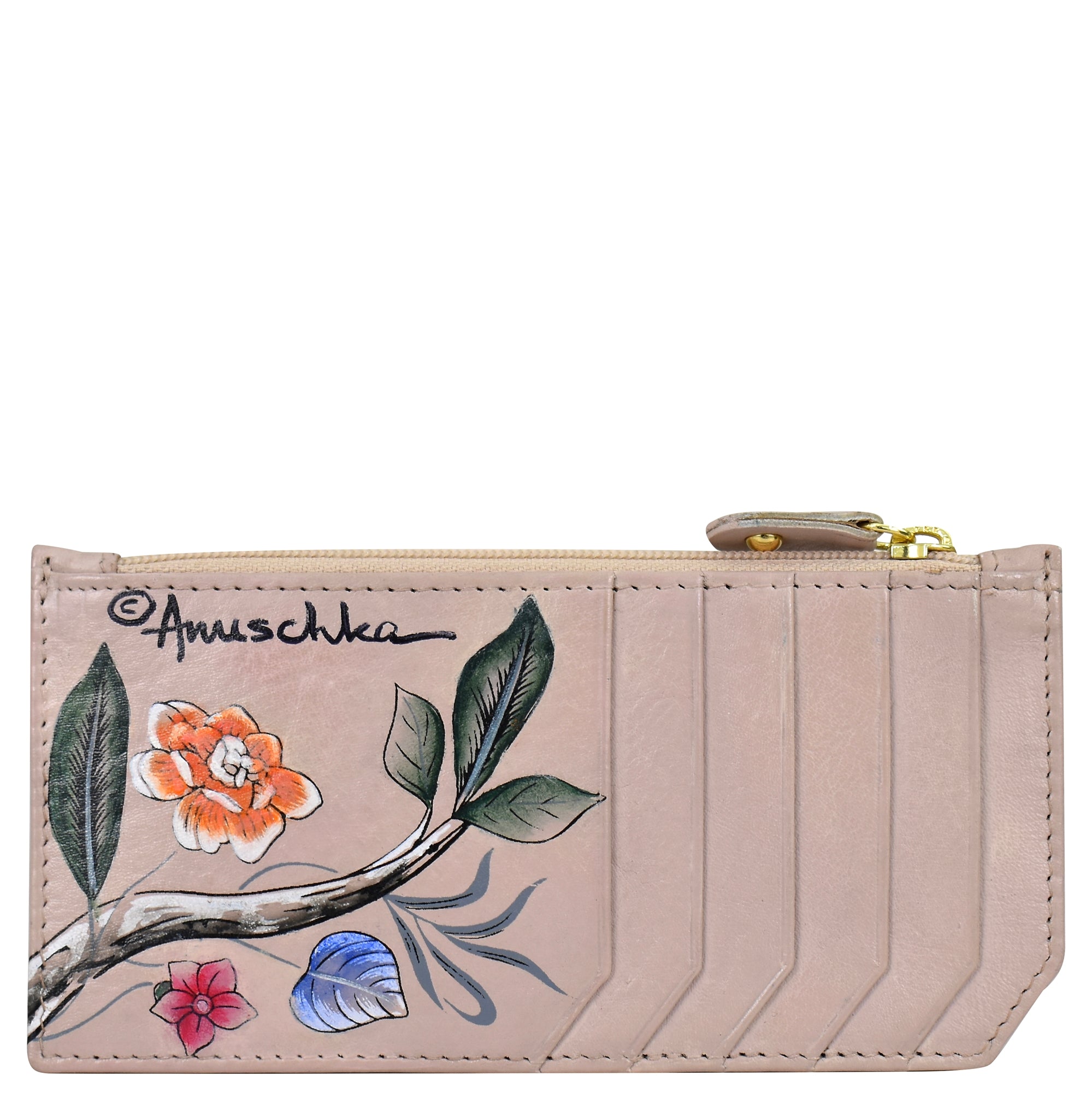 Anuschka Blue hot Floating Feathers Hand-Painted Leather Wallet made in India