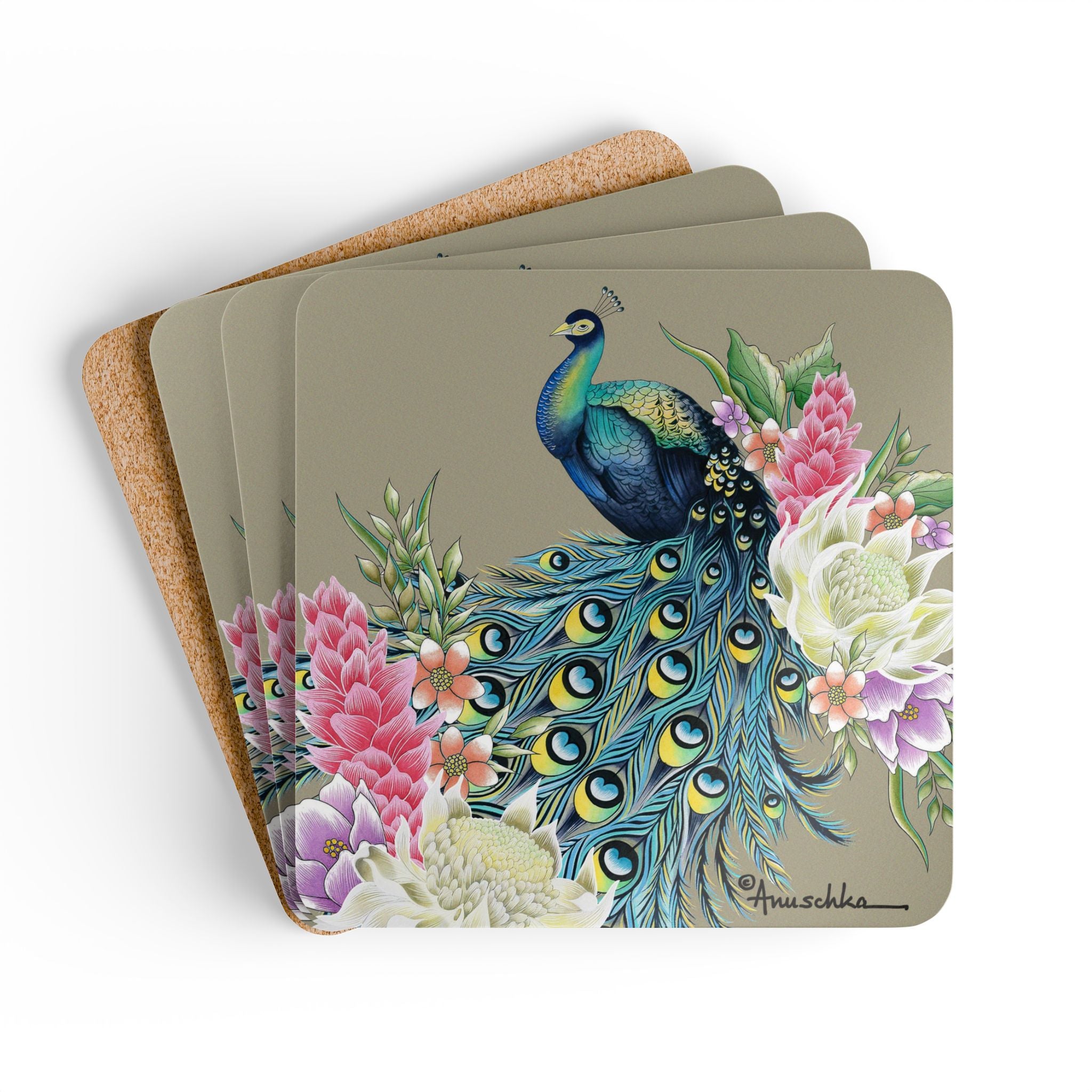 Regal Peacock Corkwood Coaster Set