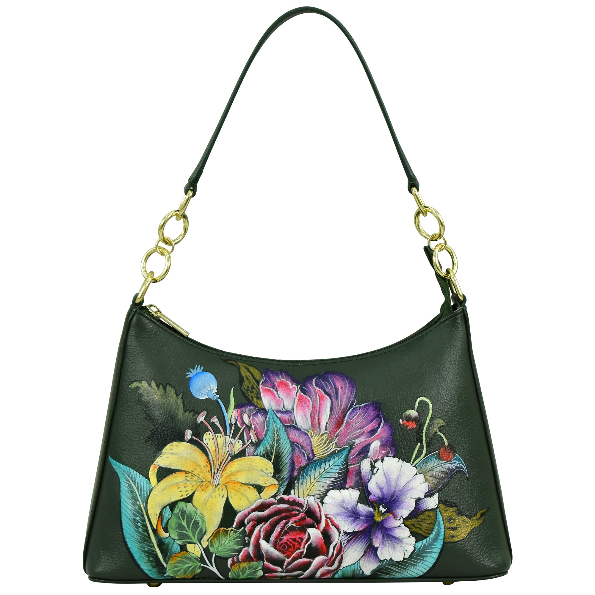 Anna by buy Anuschka Large Leather Muli-Pocket Hobo Hand Painted Flower Hummingbird