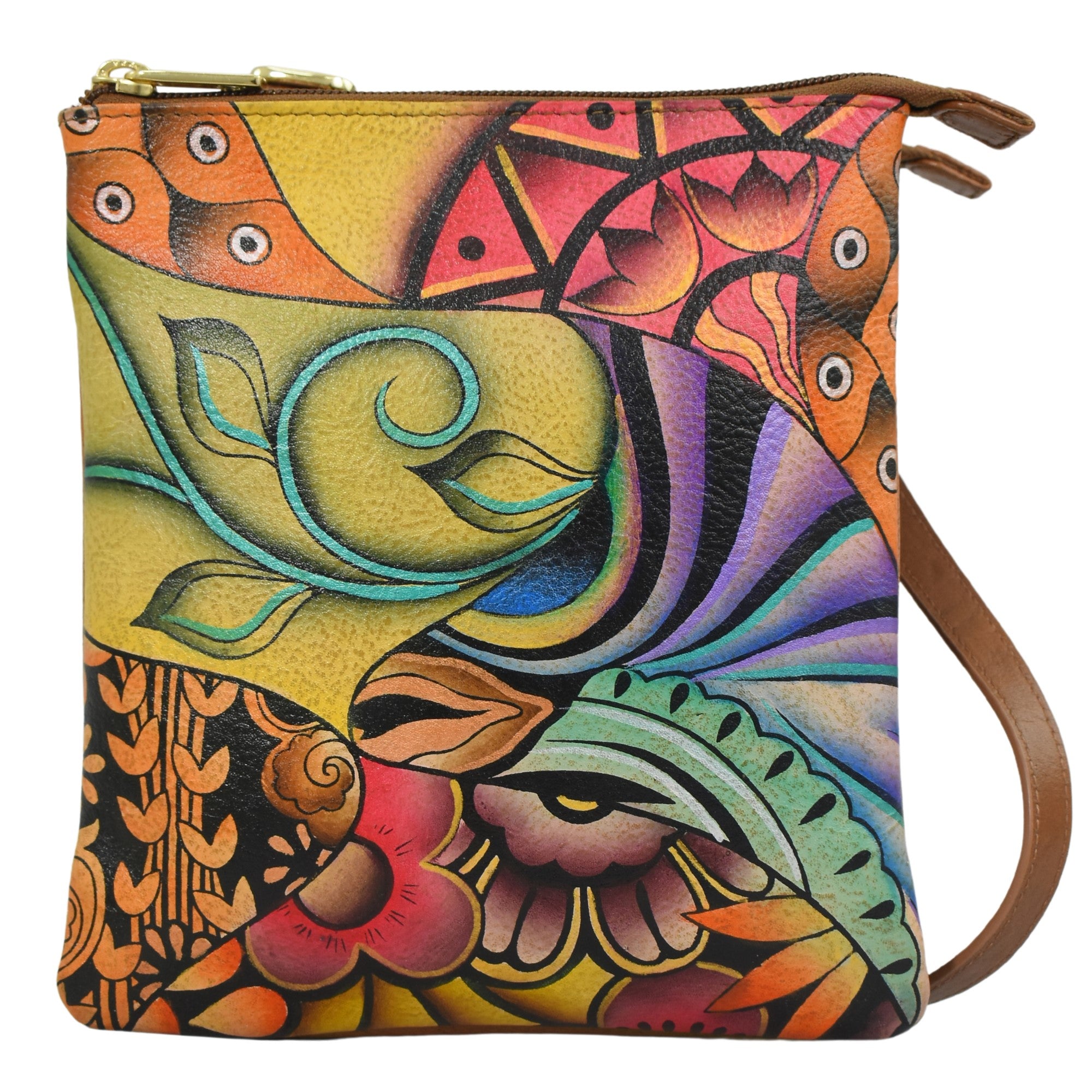 ANUSCHKA Hand Painted Leather Crossbody Organizer Bag shops ~ Lion Magic (Gray) $248