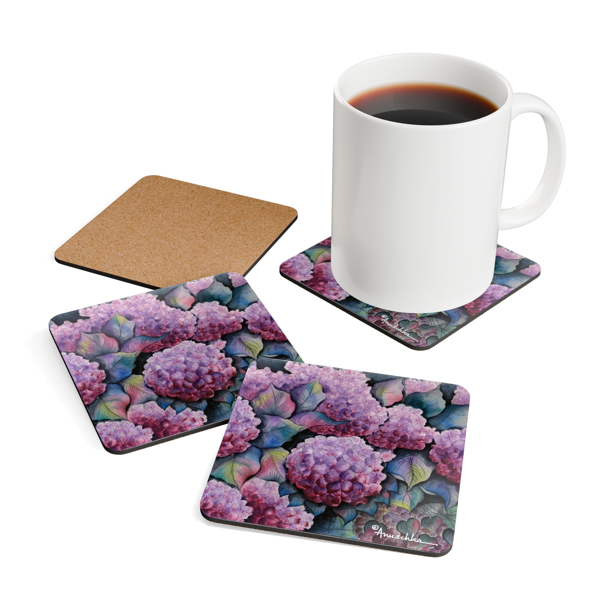 Hypnotic Hydrangeas Corkwood Coaster Set