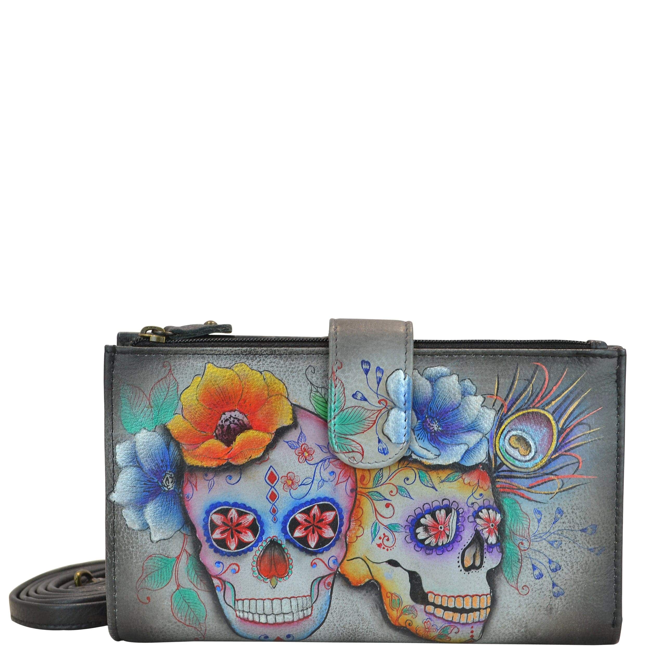 ANUSCHKA SUGAR SKULLS HAND PAINTED LEATHER 2024 ORGANIZER MULTI-COMPARTMENT PURSE