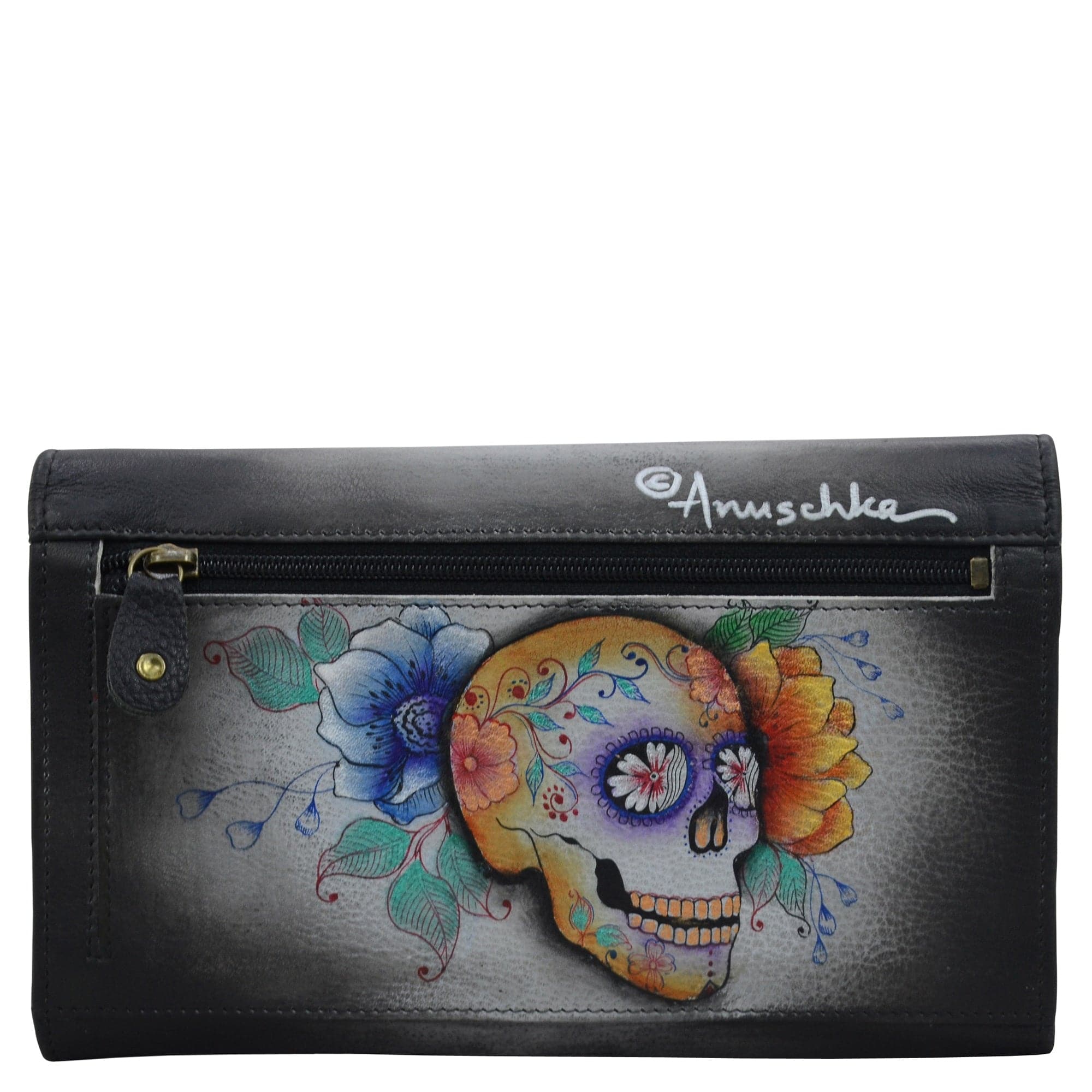 Anuschka Sugar Skull & deals Flowers Black Leather Wallet~Made In India