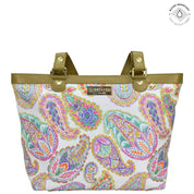 Boho Paisley Fabric with Leather Trim Zip Top City Tote - 12005