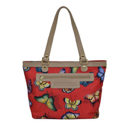 Fabric with Leather Trim Zip Top City Tote - 12005