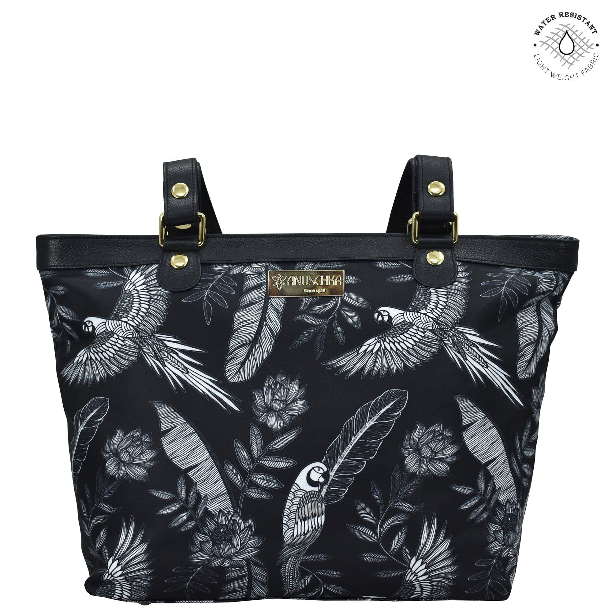 Jungle Macaws Fabric with Leather Trim Zip Top City Tote - 12005