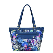 Fabric with Leather Trim Zip Top City Tote - 12005