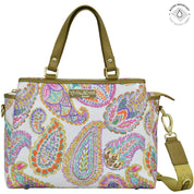 Boho Paisley Fabric with Leather Trim Multi Compartment Satchel - 12014