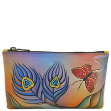 Load image into Gallery viewer, Anna by Anuschka style 1702, handpainted Cosmetic Case. Peacock Butterfly painting in multi color. Featuring top zip entry cosmetic case.
