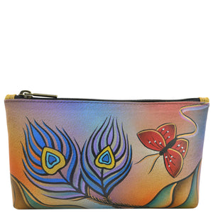 Anna by Anuschka style 1702, handpainted Cosmetic Case. Peacock Butterfly painting in multi color. Featuring top zip entry cosmetic case.