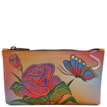 Load image into Gallery viewer, Anna by Anuschka style 1702, handpainted Cosmetic Case. Rose Butterfly painting in brown color. Featuring top zip entry cosmetic case.
