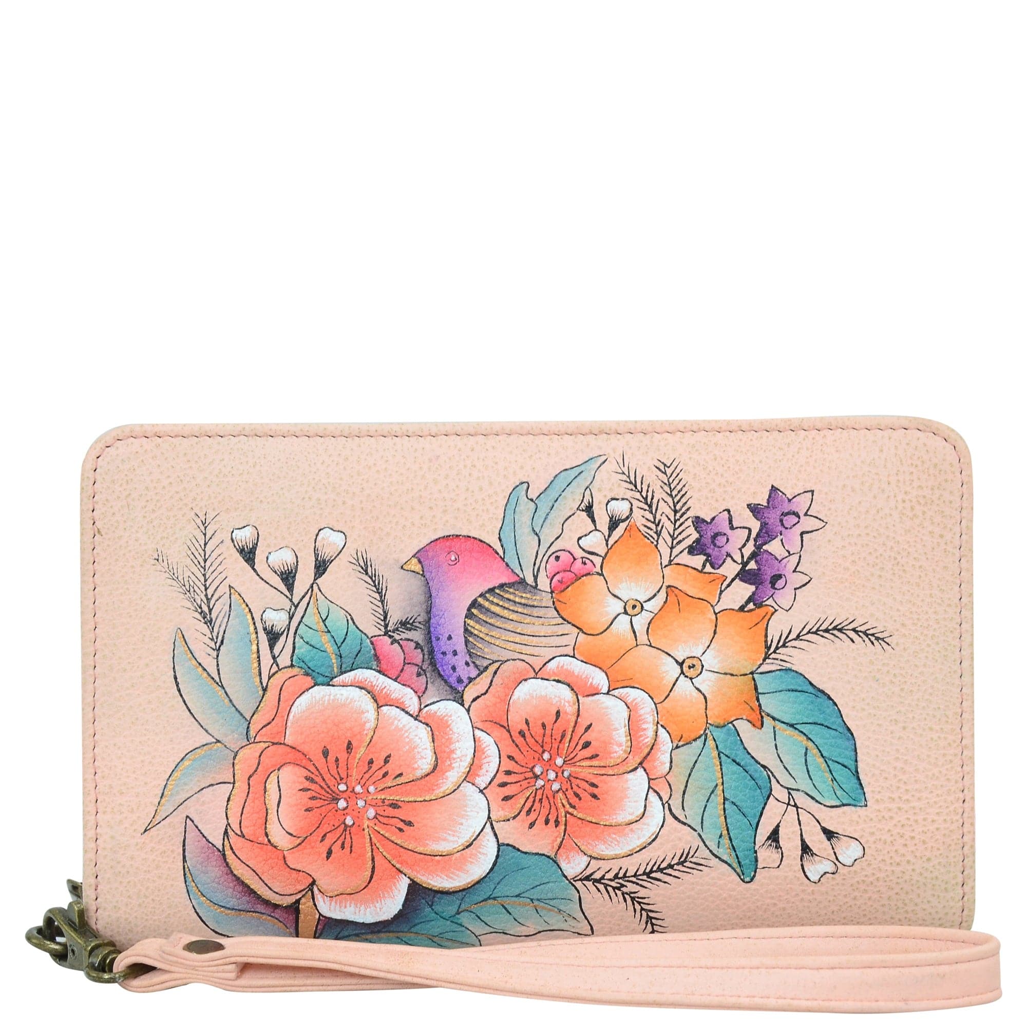 peach color. Featuring removable strap and credit card holders.