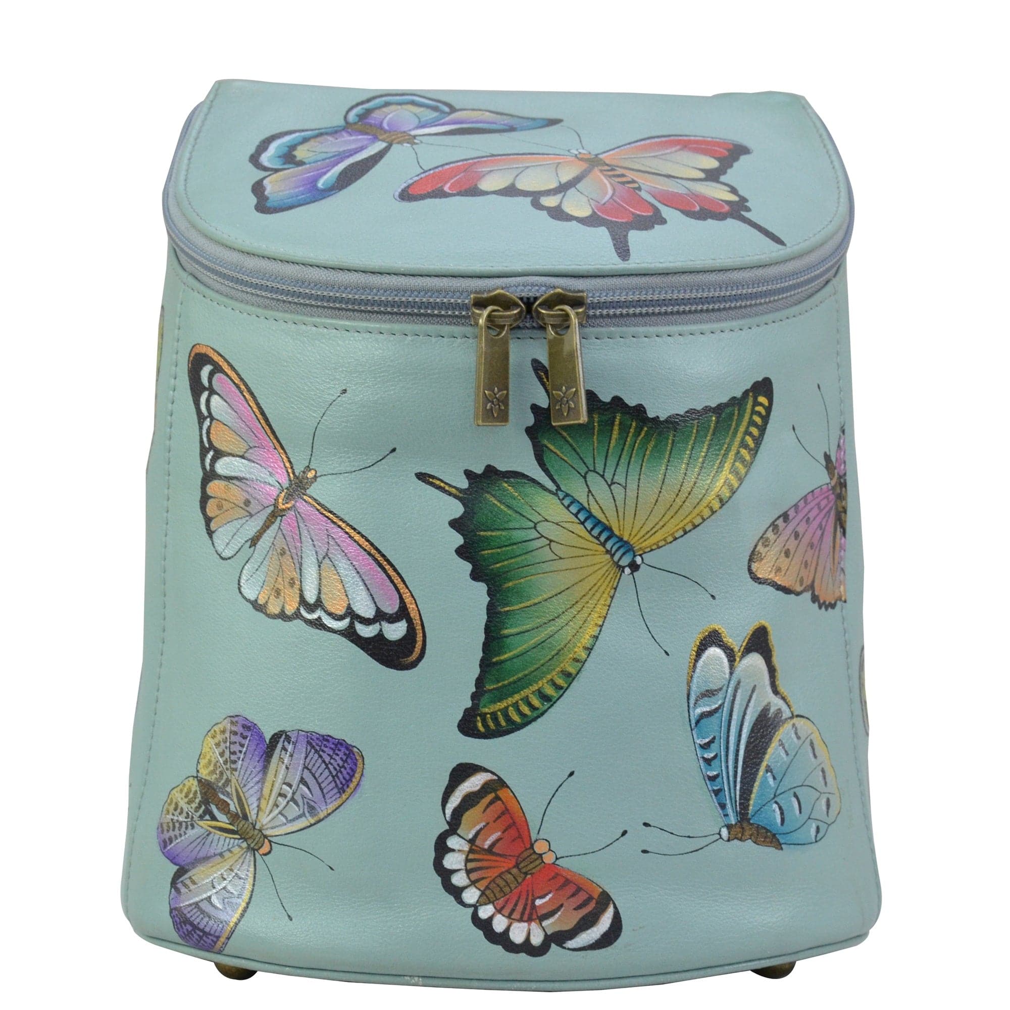 Anuschka style 685, handpainted Bucket Backpack, Butterfly Heaven painting in Green or Mint Color. Featuring One gusseted multipurpose pocket. Rear full-length pocket with magnetic snap button, Two fully adjustable shoulder strap, Quick grip handle.