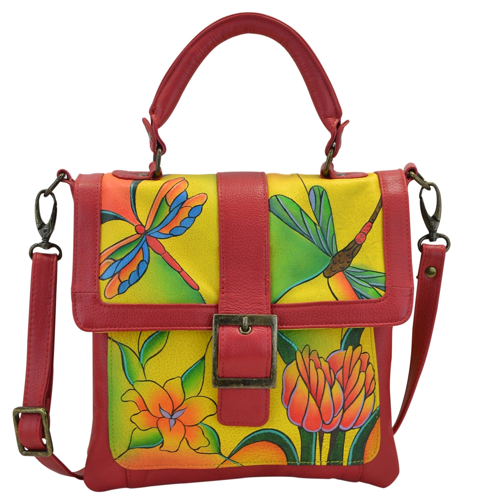 Anna by Anuschka style 8074, handpainted Flap Saddle Bag. Dragonfly Glass Painting Yellow painting in yellow color. Featuring two open compartment and one full length wall pocket under flap, Turn Lock, Fits tablet, Fits E-Reader, Removable strap.