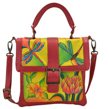 Load image into Gallery viewer, Anna by Anuschka style 8074, handpainted Flap Saddle Bag. Dragonfly Glass Painting Yellow painting in yellow color. Featuring two open compartment and one full length wall pocket under flap, Turn Lock, Fits tablet, Fits E-Reader, Removable strap.
