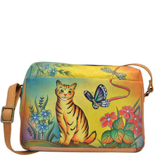 Load image into Gallery viewer, Anna by Anuschka style 8076, handpainted Satchel Organizer. Cat painting in yellow color. Featuring built-in organizer, Rear has a zip around organizer with 4 credit card pockets, 2 multipurpose pockets and 1 ID window, Fits tablet, Fits E-Reader.
