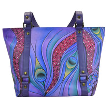 Load image into Gallery viewer, Anna by Anuschka style 8147, handpainted Classic Large Tote. Dreamy Peacock Dewberry painting in purple color. Featuring inside one full length zippered wall pocket, two multipurpose pockets, Fits tablet, Fits E-Reader.
