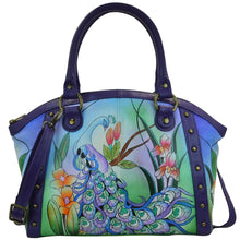 Load image into Gallery viewer, Anna by Anuschka style 8176, handpainted Large Studded Satchel. Midnight Peacock painting in blue color. Featuring inside full length zippered pocket, two multipurpose pockets, Fits Laptop.

