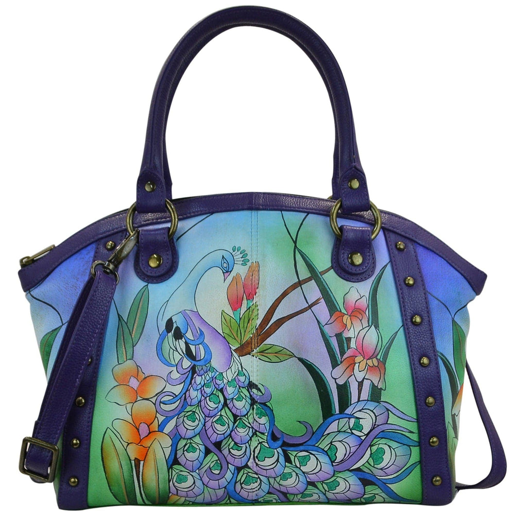 Anna by Anuschka style 8176, handpainted Large Studded Satchel. Midnight Peacock painting in blue color. Featuring inside full length zippered pocket, two multipurpose pockets, Fits Laptop.