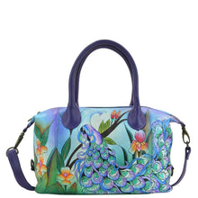Load image into Gallery viewer, Anna by Anuschka style 8210, handpainted Medium Satchel. Midnight Peacock painting in blue color. Featuring inside open wall pocket, full length zippered wall pocket, two multipurpose pockets, Fits tablet, Fits E-Reader.

