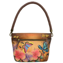 Load image into Gallery viewer, Anna by Anuschka style 8245, handpainted Shoulder Hobo. Animal Hibiscus painting in brown color. Featuring inside one zippered wall pocket, two multipurpose pockets, Fits E-Reader, Fits tablet.
