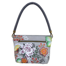 Load image into Gallery viewer, Anna by Anuschka style 8245, handpainted Shoulder Hobo. Garden Of Eden painting in grey color. Featuring inside one zippered wall pocket, two multipurpose pockets, Fits E-Reader, Fits tablet.
