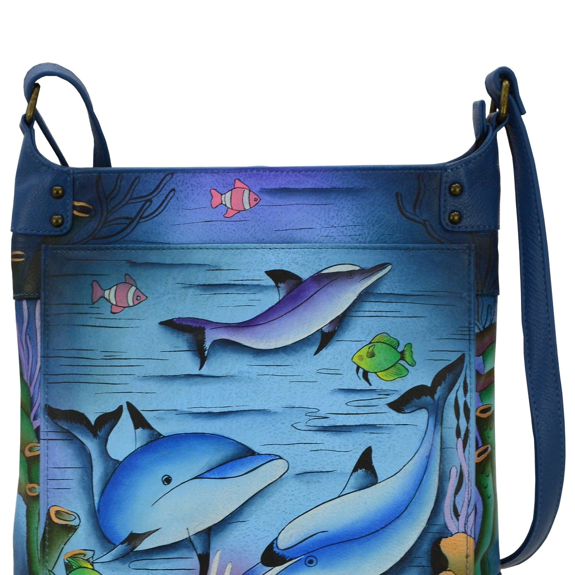 Anna by Anuschka style 8253, handpainted Cross Body Organizer. Playful Dolphin painting in blue color. Featuring inside one full length zippered wall pocket, open wall pocket, two multipurpose pockets, 4 credit card pockets, One Slip in pocket, two pen holders, built-in organizer.