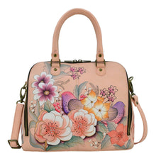 Load image into Gallery viewer, Anna by Anuschka style 8254, handpainted Organizer Satchel. Vintage Garden painting in pink/peach color. Featuring two multipurpose pockets, two credit card holders, two Pen holders and an ID window, built-in organizer, Fits E-Reader, Fits tablet.
