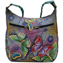 Load image into Gallery viewer, Anna by Anuschka style 8256, handpainted Shoulder Hobo. Butterfly Paradise painting in grey color. Featuring inside one full length zippered wall pocket, one open wall pocket, two multipurpose pockets, Fits Laptop.
