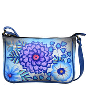 Anna by Anuschka style 8314, handpainted Mini Wide Crossbody. Summer Bloom Blue painting in blue color. Featuring inside zippered wall pocket, two multipurpose pockets