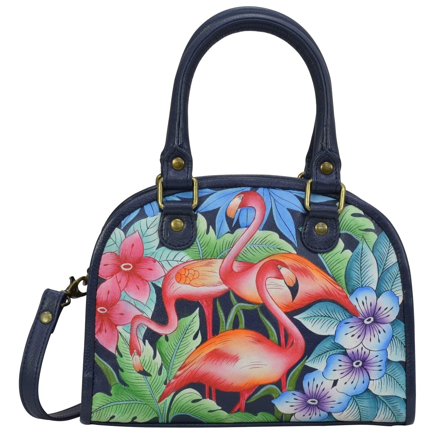 Anna by Anuschka style 8446, handpainted Convertible Satchel. Flamingo Fever painted in Blue color. Featuring inside one full length zippered wall pocket, One zippered partition pocket and two multipurpose pockets with gusset.